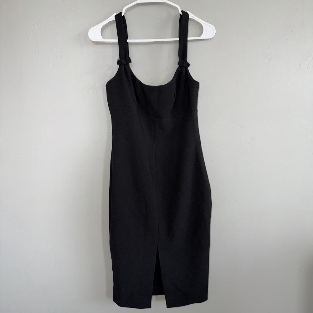 LIKELY Women's Black Midi Sheath Dress Sz 4 Bow Accents Slit LBD Office Siren